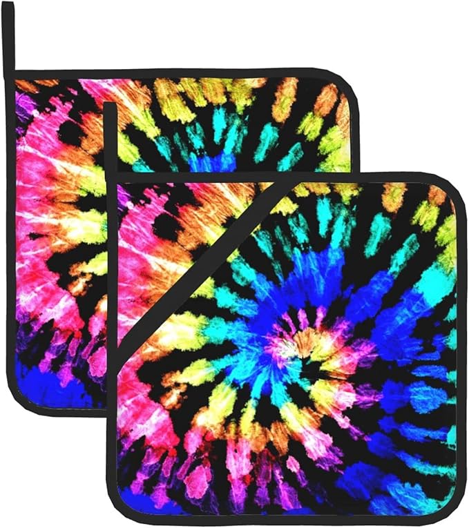 2 Pieces Rainbow Tie-dye House Pot Holders for Kitchen Heat Resistant, 2pc Decorative Colorful Pot Holder Set, Fashionable Pot Holders for Kitchen and Baking