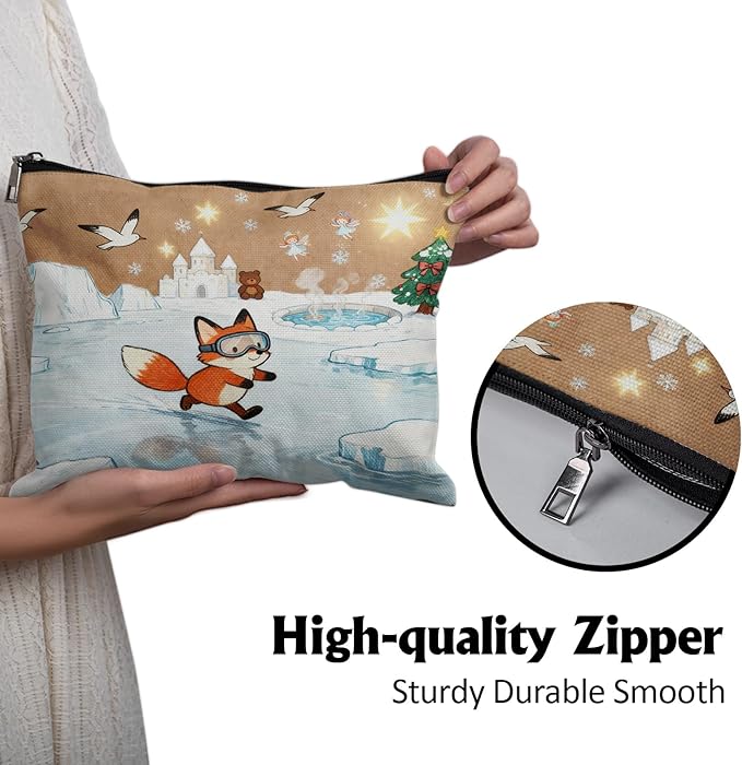 Cafl Fox Ice Skating Makeup Bag Travel Large Fox Cosmetic Bag Organizer toiletry Essentials Jewelry Zipper Bag Gift For Women -10×8 inch