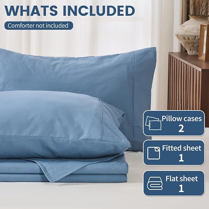 100% Linen Sheets Queen Size,Breathable & Durable 4-Piece Bed Flax Sheet Set,Soft All-Season Bedding for Hot Sleepers 16" Deep Pocket Oeko-TEX Certified,（Queen, Dusty Blue）