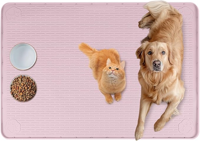 Bartuke Cat Food Mat, 40" x 28" Extra Large Silicone Pet Feeding Mat with Raised Edge Pet Placemat for Food and Water Bowl Non-Slip, Easy to Clean, Floor Protection (Pink)