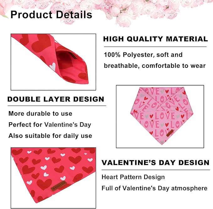 ADOGGYGO Valentine Dog Bandana, Heart and Love Pet Scarf, Premium Durable Fabric, Red Pink Valentine Bandanas for Medium Large Dogs (Large)