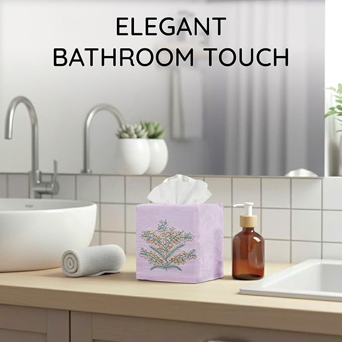 EmbroideryLinen.VN Tissue Box Cover Set of 2, Square Linen Tissue Holder, French Knot Hand Embroidered Floral Design, 4.5x4.5x5.5 Inches, Decorative Holder for Bathroom, Living Room, Office (Pink)