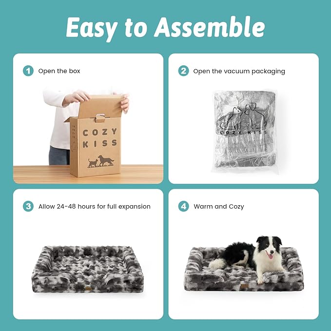 COZY KISS Orthopedic Dog Bed for Large Size Dog, Soft Warm Faux Fur Extra Large Sofa for Pet Up to 100 lbs, Foam Bolster Anti-Slip Couch with Washable Removable Cover, XL 44x32x7 inch, Tie Dye Grey