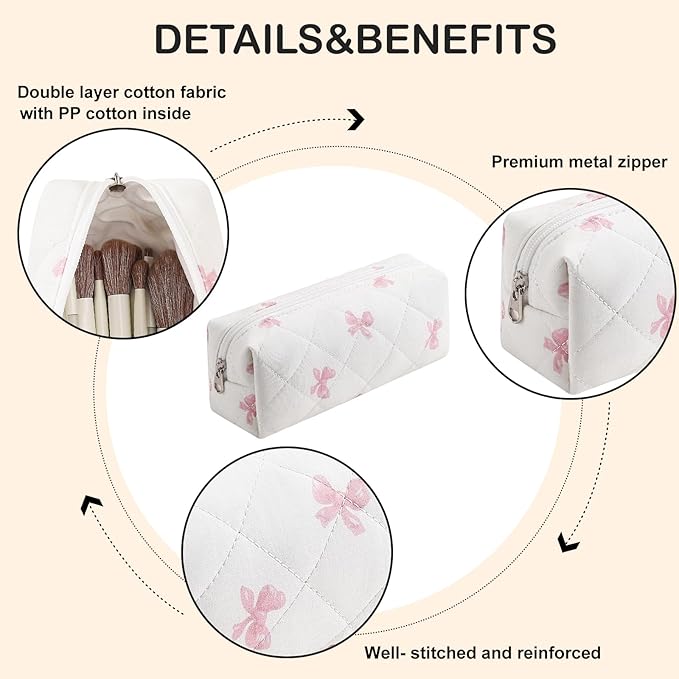 WHHJM Cute Floral Makeup Brush Bag Small Cotton Quilted Cosmetic Bag for Women Travel Toiletry Zipper Make Up Pouch (Pink Small Bowknot)