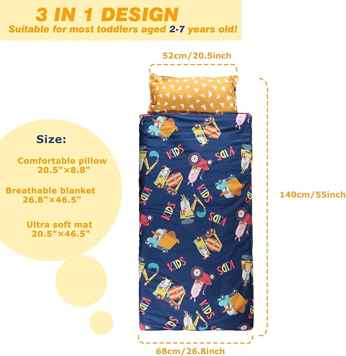 Hi Sprout Toddlers Nap Mat with Removable Pillow and Soft Blanket, Lightweight Daycare Preschool Kindergarten Sleeping Bag, Travel Slumber for Kids Girls Boys