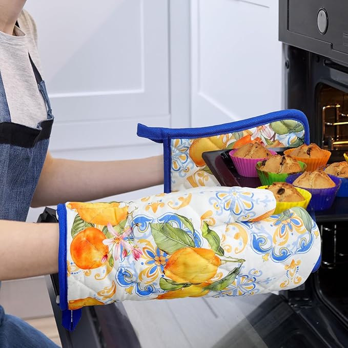 Summer Lemon Oven Mitts and Pot Holders Sets 4Pcs, 100% Cotton Heat Resistant, Extra Long Oven Gloves Potholder for Kitchen Cooking Baking Decoration