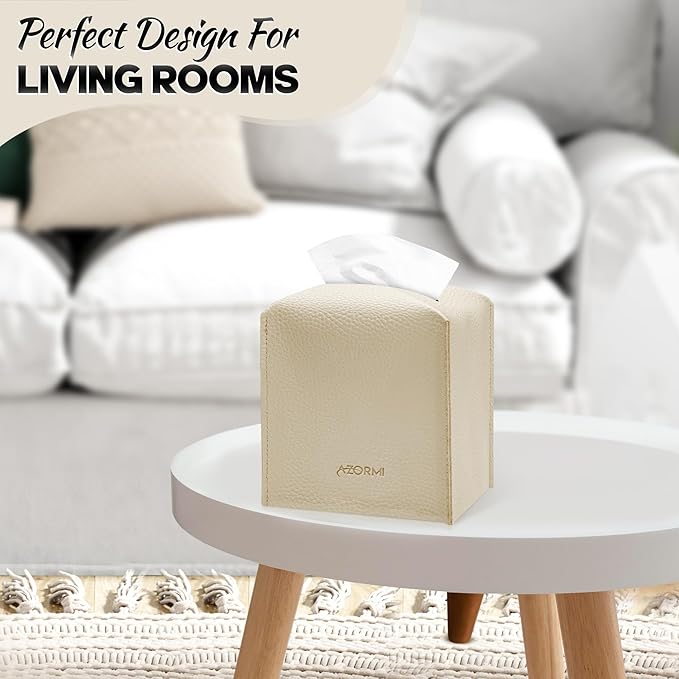 Tissue Box Cover Holder, PU Leather Tissue Box Cover Square with Bottom Belt, Cube Tissue Holder for Bathroom, Modern Organizer for Car, Office, Tabletop (Beige, 14 Leather Patterns)