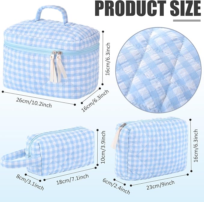 Paterr Makeup Bag Set 3 Pcs Large Quilted Cotton Make up Bags for Women Cosmetic Travel Toiletry Organizer Pouch Cute Aesthetic Storage Purse(Blue,White and Blue Plaid)