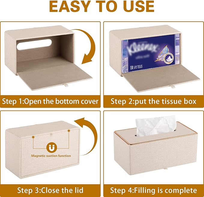 XNONE Tissue Box Cover Rectangle Tissue Box Holder PU Leather Facial Organizer with Magnetic Bottom,Decorative Napkin Caddy for Vanity Dresser Night Stand Table Countertop Home Office Car,Beige