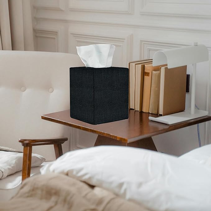 Black Tissue Box Cover, Cute Linen Fabric Decorative Square Tissue Box Holder/Organizer for Bathroom Vanity Countertop/Office/Nightstand/Desk