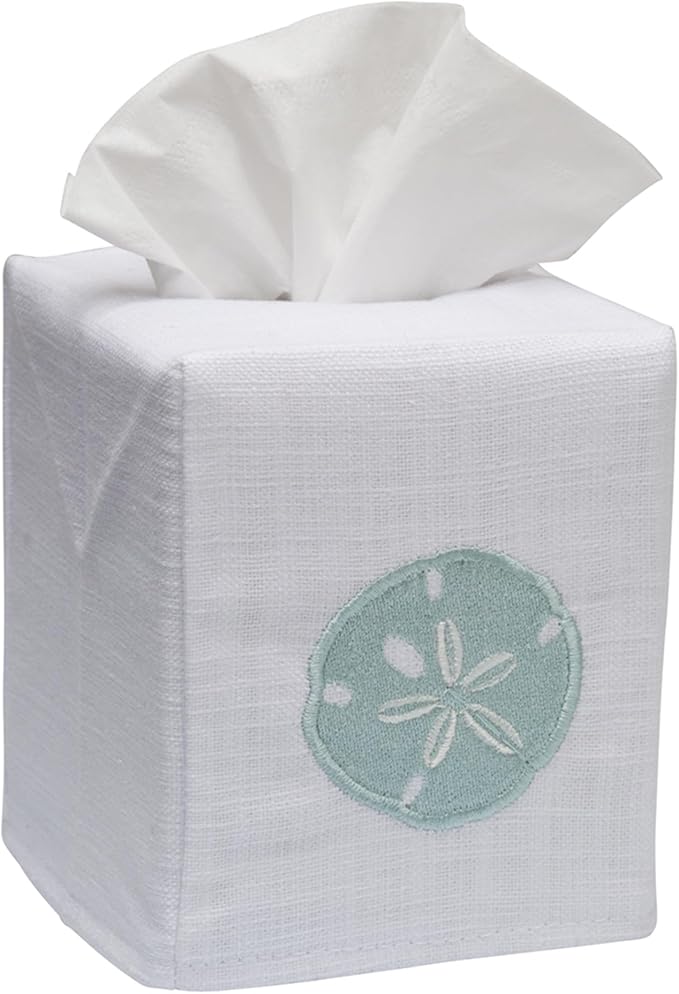 Jacaranda Living Square Tissue Box Cover, Linen/Cotton Fabric Tissue Holder, Decorative Cloth Tissue Cube Cover, Coastal Designs Sand Dollar (Aqua)