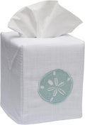Jacaranda Living Square Tissue Box Cover, Linen/Cotton Fabric Tissue Holder, Decorative Cloth Tissue Cube Cover, Coastal Designs Sand Dollar (Aqua)