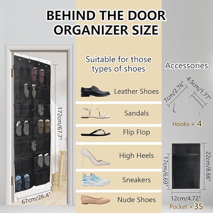 Auvotuis Over the Door Shoe Organizer, 35 Mesh Pockets Hanging Shoe Organizer with 4 Metal Hooks (Black)