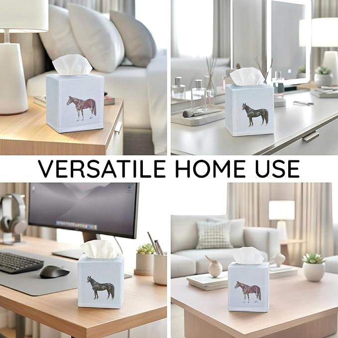 EmbroideryLinen.VN Tissue Box Cover Set of 2, Square Linen Tissue Holder, Printed Animal Pattern, 4.5x4.5x5.5 Inches, Decorative Holder for Bathroom, Living Room, Office (Horse - Ivory)