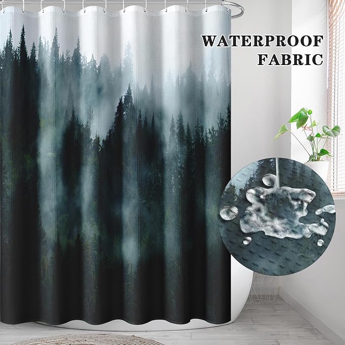 Culudea Misty Mountain Tree Green Spring Waffle Textured Cloth Shower Curtain Set, Fog Forest Nature Vintage Bathroom Window Waterproof Shower Curtains for Bathroom Decor