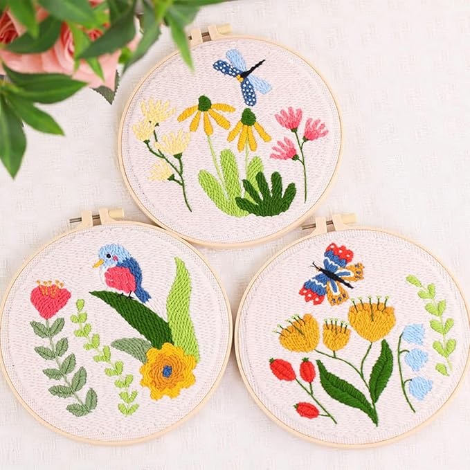 Allazone 3 Set Embroidery Starter Kits for Beginner, Butterfly and Bird Punch Needle Kit with Instruction, Plastic Hoop, Yarns and Embroidery Handle Needle Pen