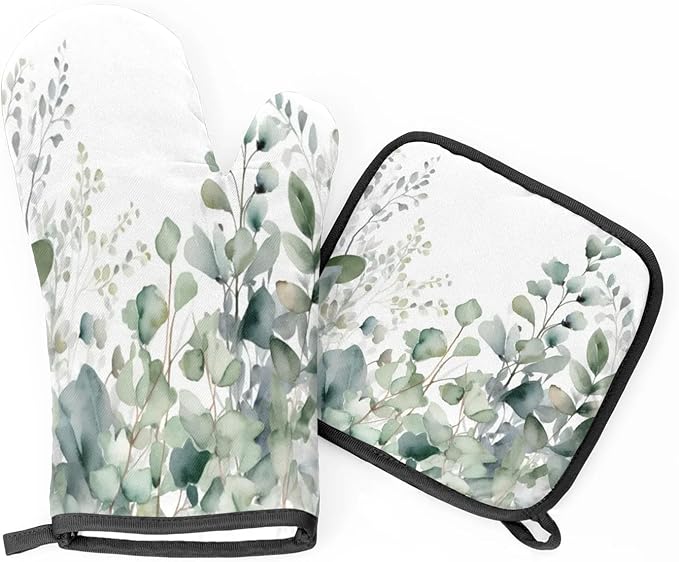 Sage Green Eucalyptus Oven Mitts and Pot Holders Sets, 2 Pcs Decorative Kitchen Oven Glove for Cooking