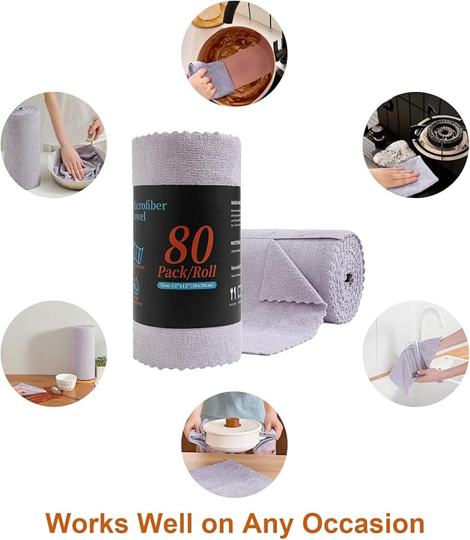 Tigona 80 Pack Microfiber Cleaning Cloth Roll,Lint Free Rags & Tear Away Reusable Towels Washable Scratch,Ultra Absorbent Dish Rags(12" x 12") for Car Kitchen Home Garage-Light Purple