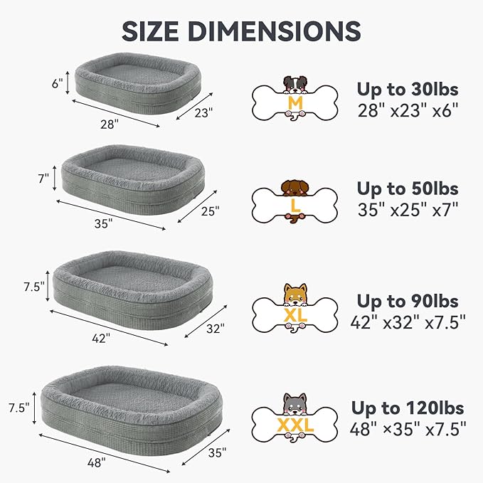 JOEJOY Orthopedic Dog Beds Large Sized Dog, XL Egg-Crate Memory Foam Pet Couch Bed with Bolster Sides, Waterproof Lining, Removable Washable Cover & Non-Slip Bottom, Light Grey