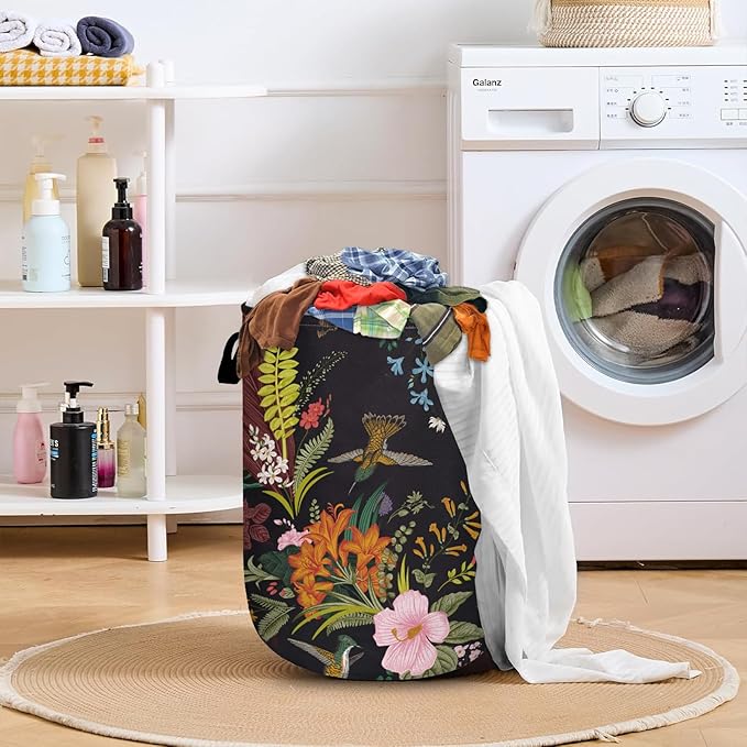 Vintage Flower Bird Laundry Basket with Sturdy Handles, Retro Floral Collapsible Oxford Cloth Laundry Hamper Organizer Basket for Bathroom Bedroom 15.7x20 Inch
