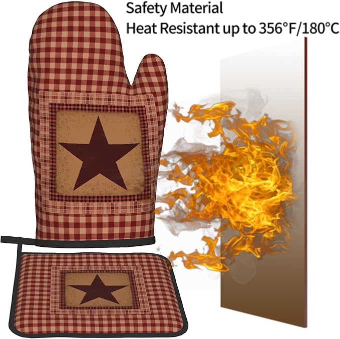 Western Star Oven Mitts and Pot Holders Sets, Vintage Red Checked Heat Resistant Kitchen Gloves 2-Pack Set,Primitive Farmhouse Decor Oven Gloves Pot Holder for Baking Grilling Barbecue Microwave Gift