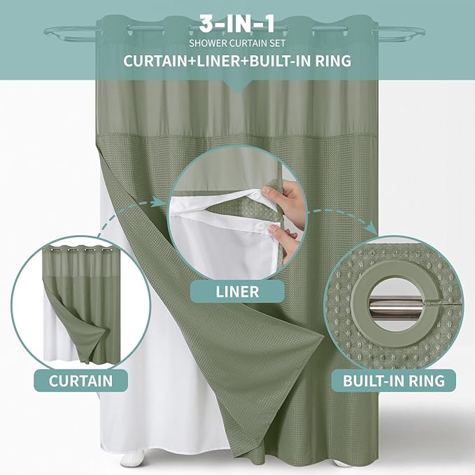 eachope SageGreen No Hook Waffle Weave Shower Curtain with snap-in Liner Replacement, 230GSM Waterproof Fabric Hotel Shower Curtain Set for Bathroom, Through Mesh Top Window,60Wx74H