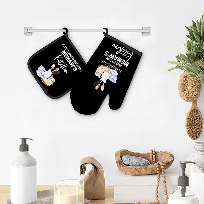 Memaw Gifts Oven Mitts and Pot Holders Sets, Gifts for Grandma from Grandkids, Sweeter in Memaw's Kitchen Heat Resistant Oven Glove Potholders for Baking
