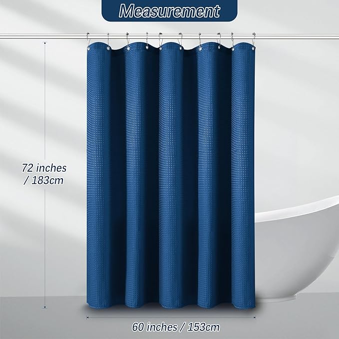 PANGSINNE Classic Blue Fabric Shower Curtain for Bathroom Stall, 60 inche Waffle Weave Machine Washable Waterproof 256GSM Heavy Duty Weighted Bath Curtain Set with 10 Metal Hooks, 60Wx72H