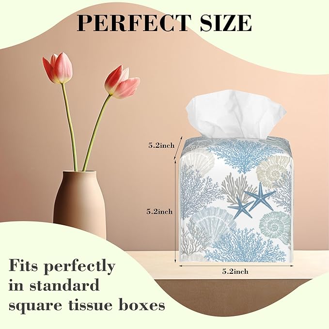 Retro Starfish Seashell Corals Tissue Box Cover Square Leather Tissue Holder Waterproof Facial Paper Organizer Dispenser Cube Paper Cover Case for Home Office Bathroom Vanity Countertop