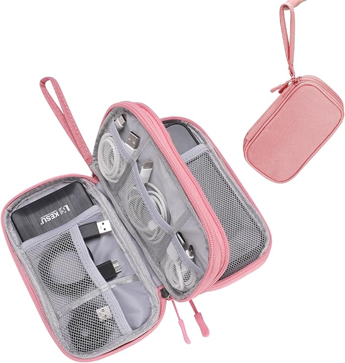 OBHEI Electronic Organizer Double Layer, Water Resistant Cable Organizer Bag for Travel Essentials, Cord, Charger, Phone, Earphone, Large Size,Accessories Travel Essentials (Pink, Double-Layer)