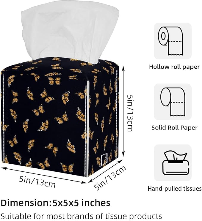 2 Pack Butterfly on Black Background Tissue Box Cover Holder - Leather Decorative Organizer for Tabletop, Bathroom, Car, Office