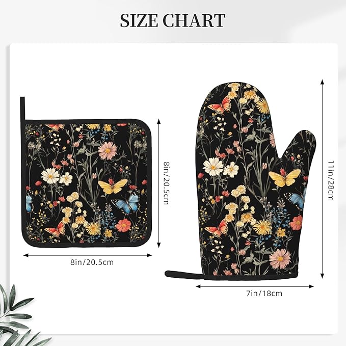 Oven Mitts Pot Holders Set Vintage Butterfly Flower Botanical Silicone Kitchen Gloves Potholders Heat Resistant for Chef Baking Cooking Grilling BBQ 4 Pack Mitt