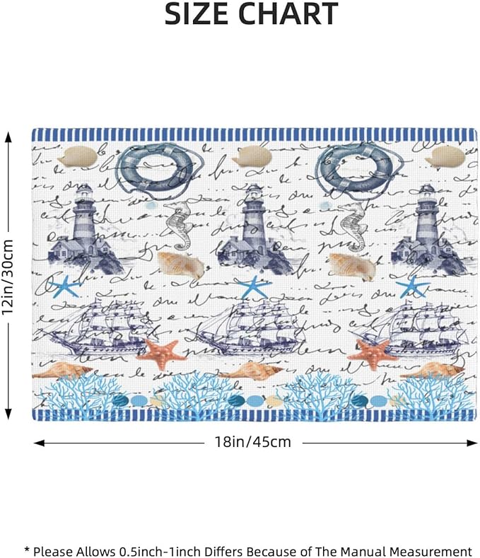 Starfish Placemats, Simple Vintage Watercolour Coral Ocean Shell Lighthouse Seahorse Sailboat Coastal Theme Print Washable Fabric Placemats Table Kitchen Dining Party 12x18 Inch Set of 6