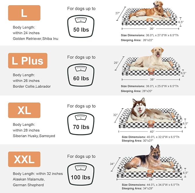 Large Dog Bed Orthopedic Washable: Beds Bolster XL Bed Big XLarge Dogs Egg Crate Foam Couch Sofa Waterproof with Removable Cover - Dark Grey Grid