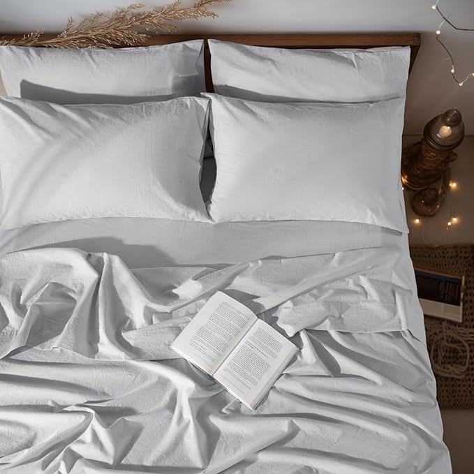 LBRO2M 100% Linen Sheet Set King Size, Bed Sheets 6 Piece Sets,Solid Color Natural Flax Bed Sheets Soft Breathable Bedding,16" Deep Pocket,All Season (King, Grey)