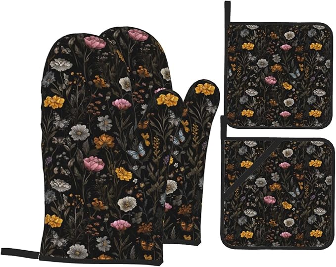Oven Mitts and Pot Holders Sets of 4 Flower Butterfly Boho Botanical Kitchen Potholder Gloves Heat Resistant Non-Slip for Chef Baking Cooking Grilling BBQ Mittens
