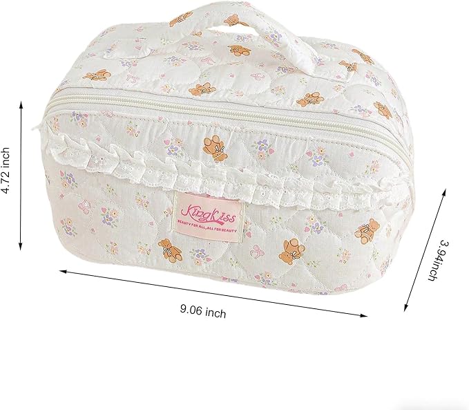 HiTotes Travel Makeup Bag Coquette Floral Cosmetic Bag Quilted Wide Open Lay Flat Toiletry Bag Cute Travel Makeup Pouch