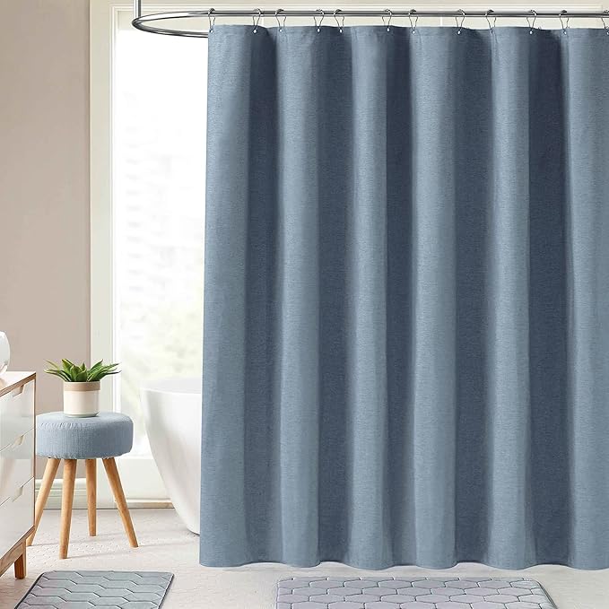 BTTN Extra Wide Shower Curtain - 108 x 72 Inch Linen Textured Waterproof Fabric Shower Curtain Set with 18 Plastic Hooks, Simple Wrap Around Cloth Shower Curtains for Bathroom and Bathtub - Blue Gray