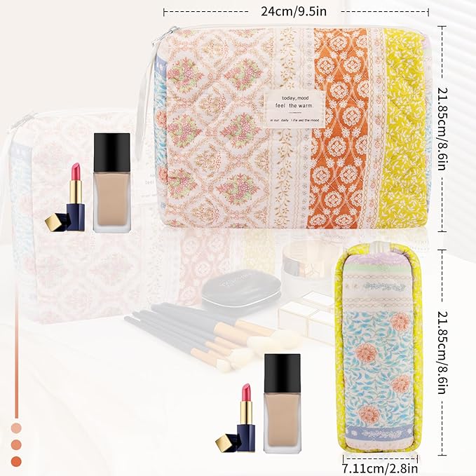 Gosect Floral Makeup Bag, Small Cosmetic Bag for Women Girls, Cute Cotton Makeup Bag, Quilted Makeup Bags, Flower Travel Toiletry Organizer Bag(Color-Coded Floral)
