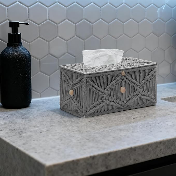 KaloKalo Handmade Tissue Box Cover Rectangle Decorative Macrame Boho Tissue Holder Cotton Rope Woven Napkin Facial Paper Organizer Bohemian Desk Storage Container with Buckle Wood Beads (Grey)