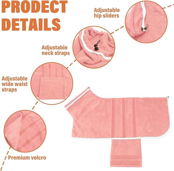 HhiMyOct Dog Robe - Fast Drying Towel - Microfiber Super Absorbent Pet Bathrobe, Adjustable Collar & Belly Strap (Pink, Large)