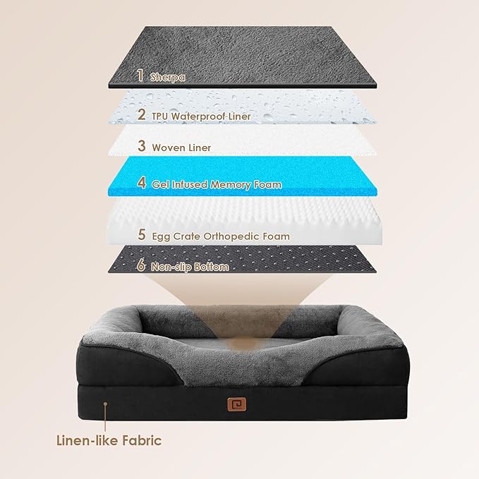 EHEYCIGA Memory Foam Dog Bed for Medium Size, Orthopedic Dog Sofa with Sides and Waterproof Liner, Washable Bolster Pet Bed Couch with Removable Cover, 30x20x6.5 Inch, Grey/Black