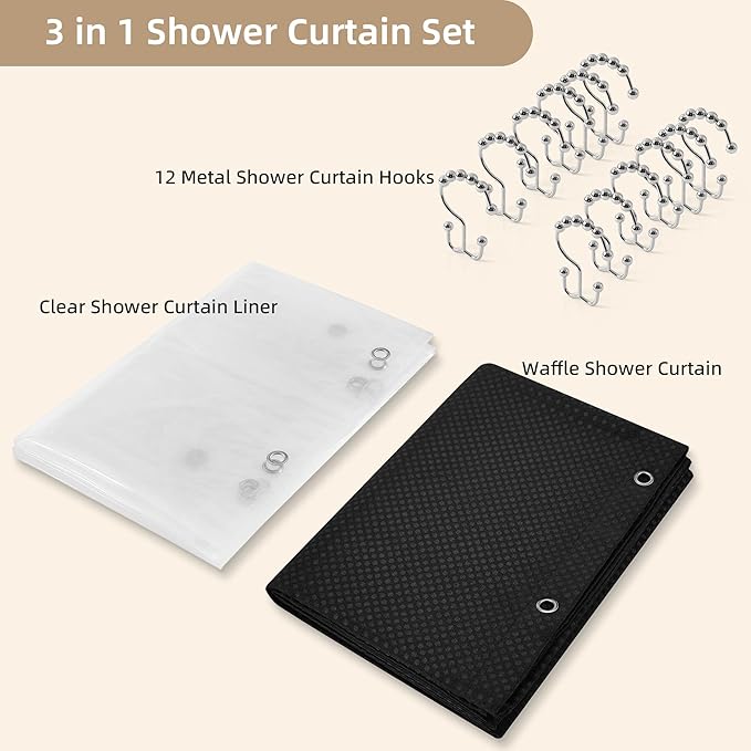 Lameirose Shower Curtain and Liner Set, 3 in 1 Waffle Shower Curtain Set with 12 Double Sided Shower Curtain Hooks, Fabric Shower Curtains for Bathroom, Black, 72 x 72