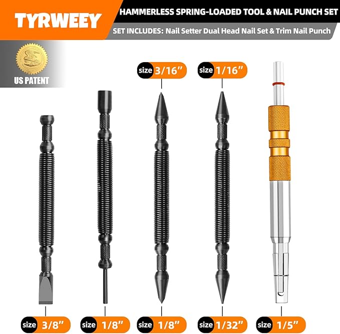 TYRWEEY 5-Piece Nail Setter Dual Head Nail Set & Dual Head Center Punch & Hinge Pin Remover Punch Set, Nail Setter Features 1/8-in, 3/16-in, 1/16-in, 1/32-in & Trim Nail Punch with Retaining Clip
