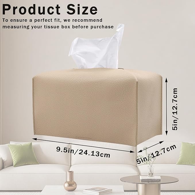 Hapforever 1PC Extra Large Rectangle Tissue Box Cover, PU Leather Rectangular Tissue Box Holder with Bottom Belt Plus Size Tissue Box Organizer for Bathroom/Car/Hotel/Office (9.5’’x5’’x5’’, Beige)
