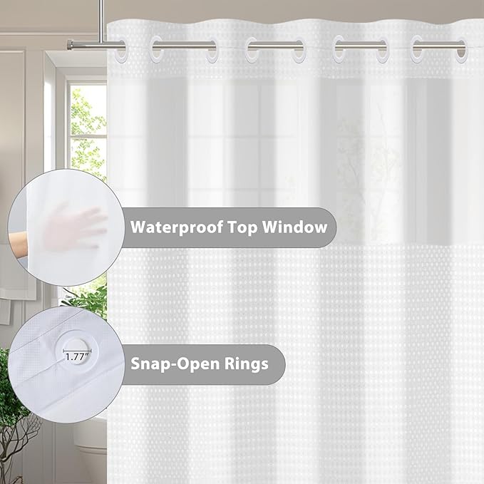 GICDSU No Hook Shower Curtain with Snap in Liner, Waffle Shower Curtain Set for Bathroom, Hotel Style with Semi-Sheer Top Window, Waterproof & Washable, White, 71" W x 86" L