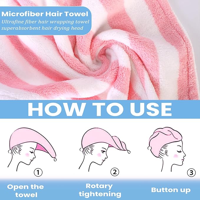 YHPDYL 3 Pack Microfiber Hair Towel Wrap for Women, Fast Drying Hair Turban with Button, Anti-Frizz Large Hair Towel for All Hair Styles, Soft & Absorbent Hair Drying Towel