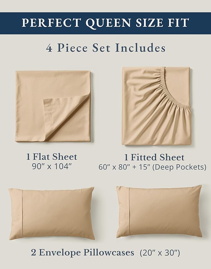 LANE LINEN 100% Organic Cotton Queen Size Sheets Set, Eco Friedly Mercerized Fully Elasticized Queen Sheets, Naturally Temperature Regulating Cooling Cotton Sheets- Linen