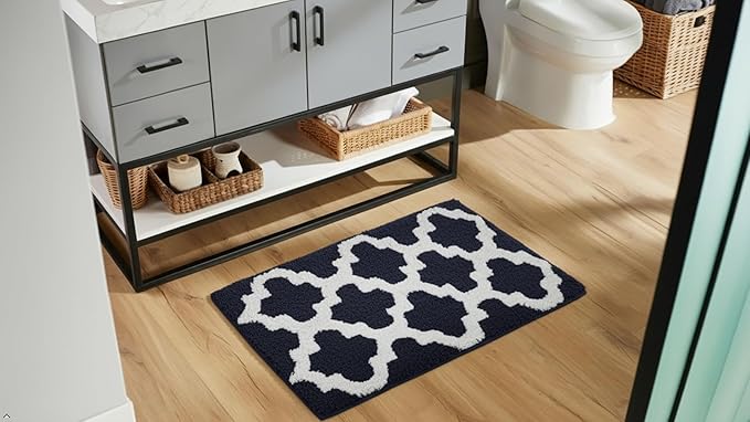 C23 Luxury Trellis Bath Rug Set of 2 (Navy Blue & White) 20"x32" & 16"x24" | 2200 GSM Ultra-Thick High-Density Plush | Decorative Non-Slip Bathroom Mats | Hotel Quality, Machine Washable