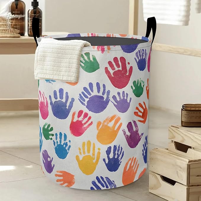 Laundry Basket,Cartoon Colorful Handprints Large Canvas Fabric Lightweight Storage Hamper Organizer Dirty Clothes Collapsible Waterproof for College Dorms,Bathroom